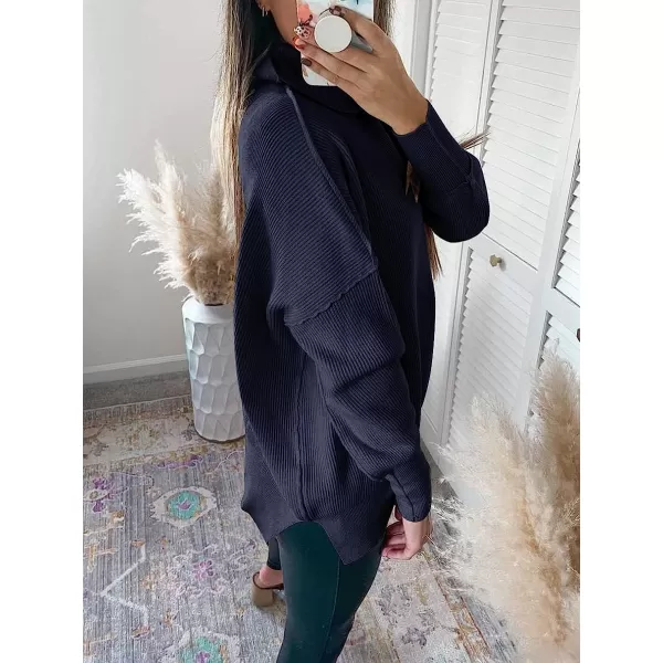 imageANRABESS Women Turtleneck Batwing Sleeve Oversized Side Slit Ribbed Knit Pullover Sweater TopNavy