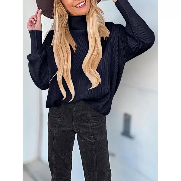 imageANRABESS Women Turtleneck Batwing Sleeve Oversized Side Slit Ribbed Knit Pullover Sweater TopNavy