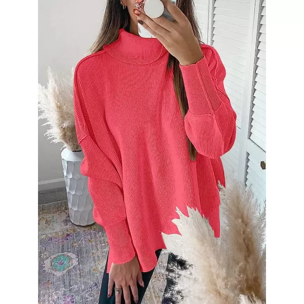 imageANRABESS Women Turtleneck Batwing Sleeve Oversized Side Slit Ribbed Knit Pullover Sweater TopPeach