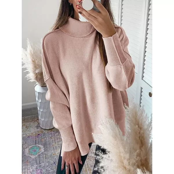 imageANRABESS Women Turtleneck Batwing Sleeve Oversized Side Slit Ribbed Knit Pullover Sweater TopPink