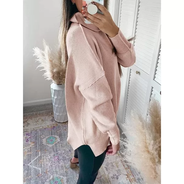 imageANRABESS Women Turtleneck Batwing Sleeve Oversized Side Slit Ribbed Knit Pullover Sweater TopPink