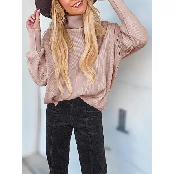 imageANRABESS Women Turtleneck Batwing Sleeve Oversized Side Slit Ribbed Knit Pullover Sweater TopPink