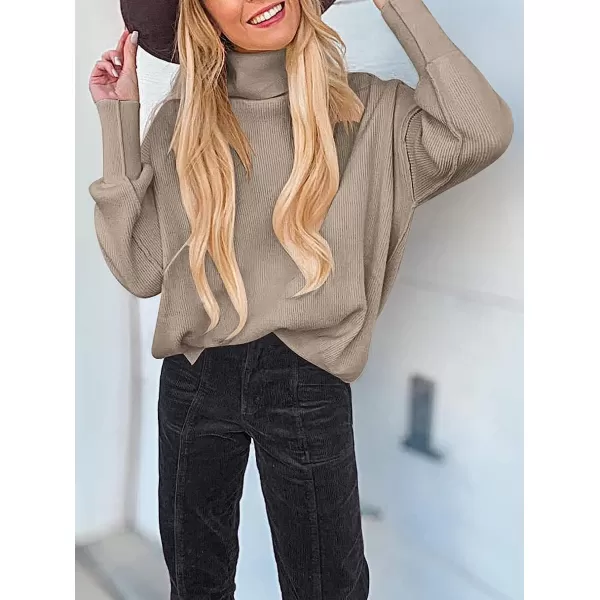 imageANRABESS Women Turtleneck Batwing Sleeve Oversized Side Slit Ribbed Knit Pullover Sweater TopRed Apricot