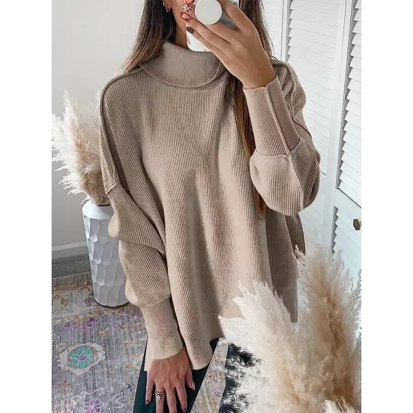 imageANRABESS Women Turtleneck Batwing Sleeve Oversized Side Slit Ribbed Knit Pullover Sweater TopRed Apricot
