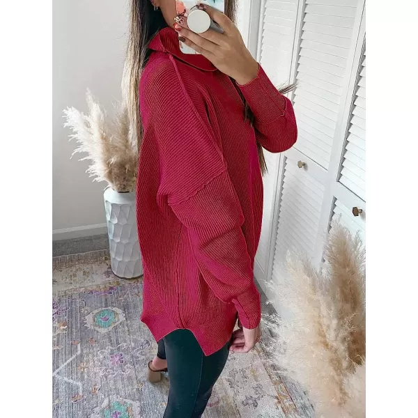 imageANRABESS Women Turtleneck Batwing Sleeve Oversized Side Slit Ribbed Knit Pullover Sweater TopRose