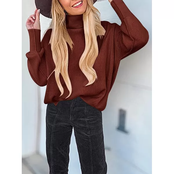 imageANRABESS Women Turtleneck Batwing Sleeve Oversized Side Slit Ribbed Knit Pullover Sweater TopRust