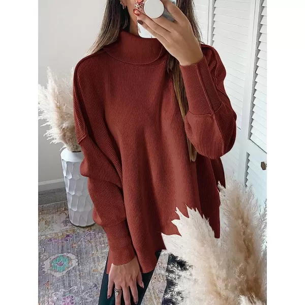 imageANRABESS Women Turtleneck Batwing Sleeve Oversized Side Slit Ribbed Knit Pullover Sweater TopRust