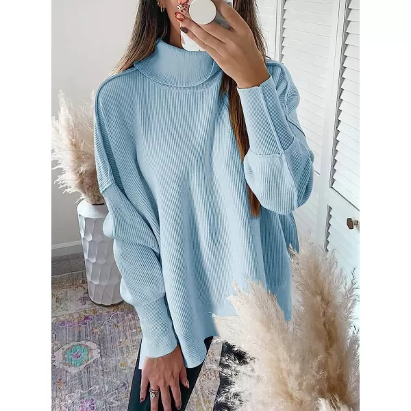 imageANRABESS Women Turtleneck Batwing Sleeve Oversized Side Slit Ribbed Knit Pullover Sweater TopSky