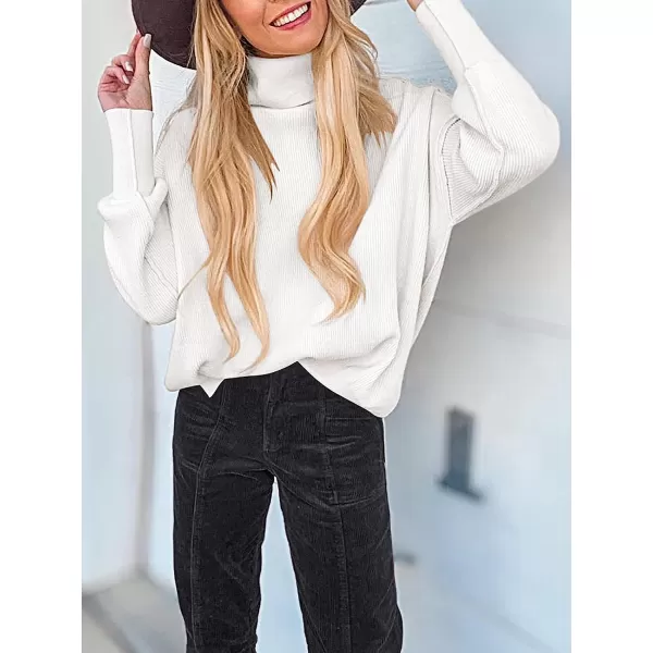 imageANRABESS Women Turtleneck Batwing Sleeve Oversized Side Slit Ribbed Knit Pullover Sweater TopWhite