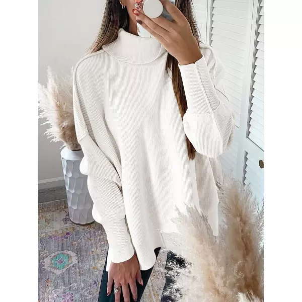 imageANRABESS Women Turtleneck Batwing Sleeve Oversized Side Slit Ribbed Knit Pullover Sweater TopWhite