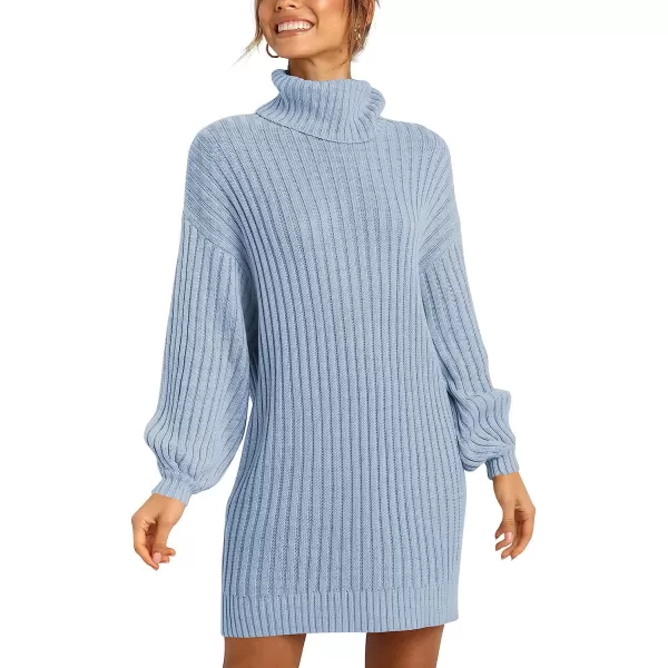 imageANRABESS Women Turtleneck Long Lantern Sleeve Casual Loose Oversized Sweater Dress Soft Winter Pullover DressesBlue