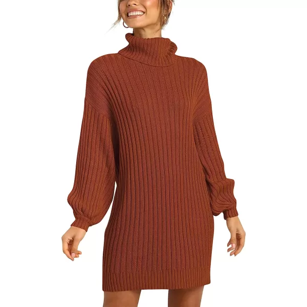 imageANRABESS Women Turtleneck Long Lantern Sleeve Casual Loose Oversized Sweater Dress Soft Winter Pullover DressesCaramel