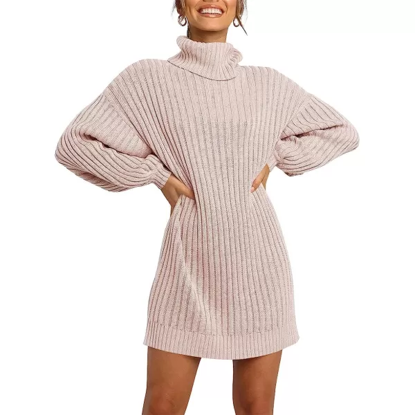 imageANRABESS Women Turtleneck Long Lantern Sleeve Casual Loose Oversized Sweater Dress Soft Winter Pullover DressesLight Pink
