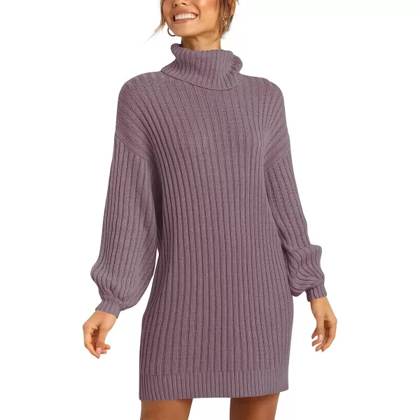 imageANRABESS Women Turtleneck Long Lantern Sleeve Casual Loose Oversized Sweater Dress Soft Winter Pullover DressesPurple