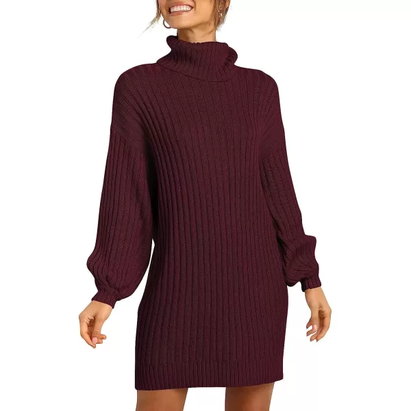 imageANRABESS Women Turtleneck Long Lantern Sleeve Casual Loose Oversized Sweater Dress Soft Winter Pullover DressesWine