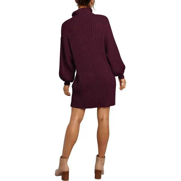 imageANRABESS Women Turtleneck Long Lantern Sleeve Casual Loose Oversized Sweater Dress Soft Winter Pullover DressesWine
