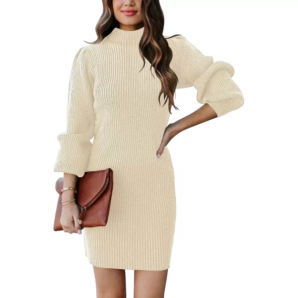 imageANRABESS Women Turtleneck Long Sleeve Knit Stretchable Elasticity Slim Sweater Bodycon Mini Sweater DressBeige