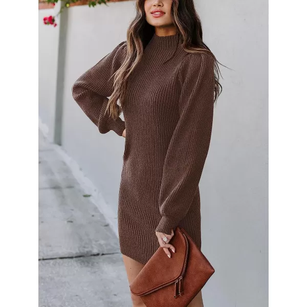 imageANRABESS Women Turtleneck Long Sleeve Knit Stretchable Elasticity Slim Sweater Bodycon Mini Sweater DressBrown