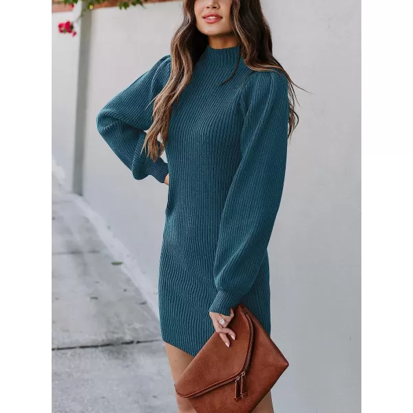 imageANRABESS Women Turtleneck Long Sleeve Knit Stretchable Elasticity Slim Sweater Bodycon Mini Sweater DressDenim Blue
