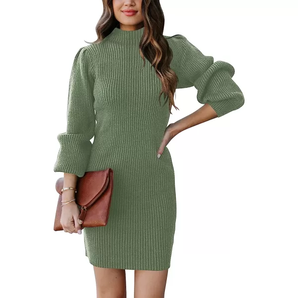 imageANRABESS Women Turtleneck Long Sleeve Knit Stretchable Elasticity Slim Sweater Bodycon Mini Sweater DressGreen Gray