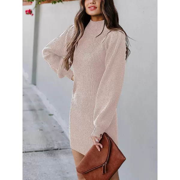 imageANRABESS Women Turtleneck Long Sleeve Knit Stretchable Elasticity Slim Sweater Bodycon Mini Sweater DressPink