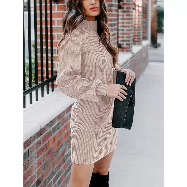 imageANRABESS Women Turtleneck Long Sleeve Knit Stretchable Elasticity Slim Sweater Bodycon Mini Sweater DressPink