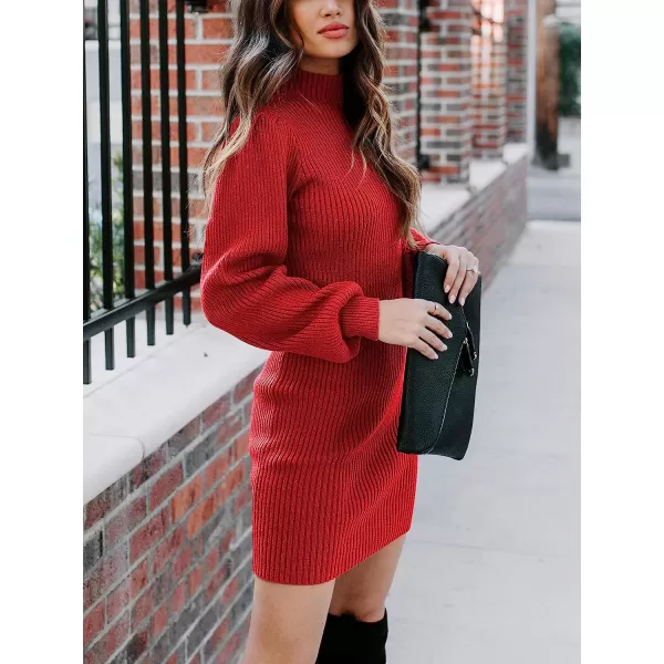 imageANRABESS Women Turtleneck Long Sleeve Knit Stretchable Elasticity Slim Sweater Bodycon Mini Sweater DressRed