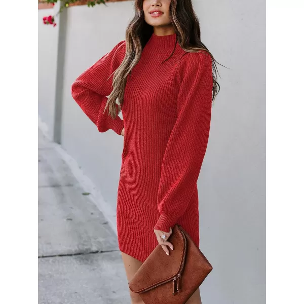 imageANRABESS Women Turtleneck Long Sleeve Knit Stretchable Elasticity Slim Sweater Bodycon Mini Sweater DressRed