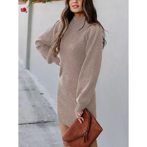 imageANRABESS Women Turtleneck Long Sleeve Knit Stretchable Elasticity Slim Sweater Bodycon Mini Sweater DressRed Apricot