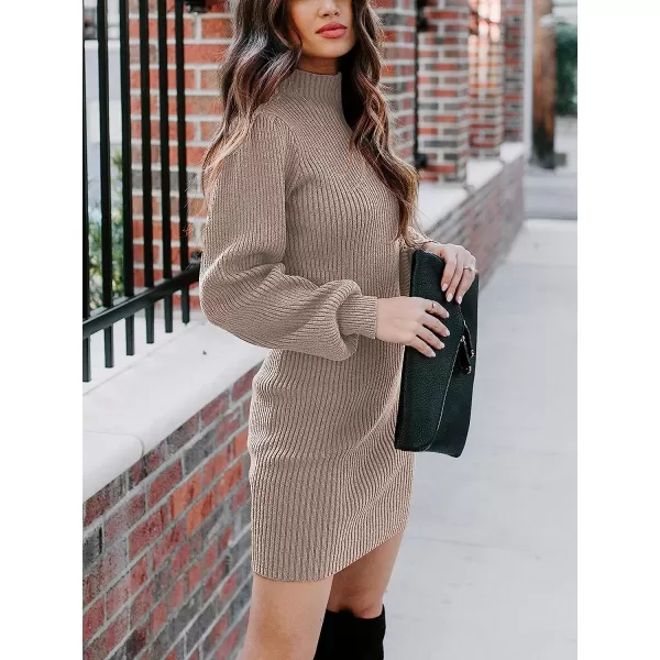 imageANRABESS Women Turtleneck Long Sleeve Knit Stretchable Elasticity Slim Sweater Bodycon Mini Sweater DressRed Apricot