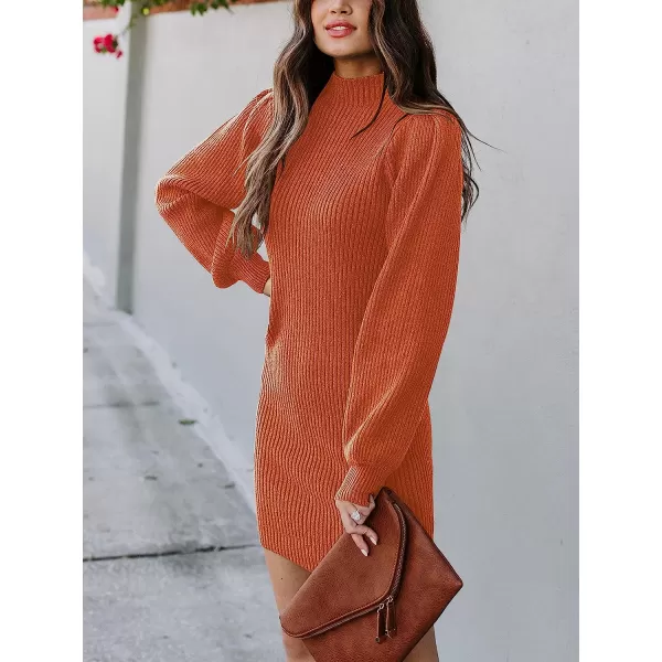 imageANRABESS Women Turtleneck Long Sleeve Knit Stretchable Elasticity Slim Sweater Bodycon Mini Sweater DressRust Orange