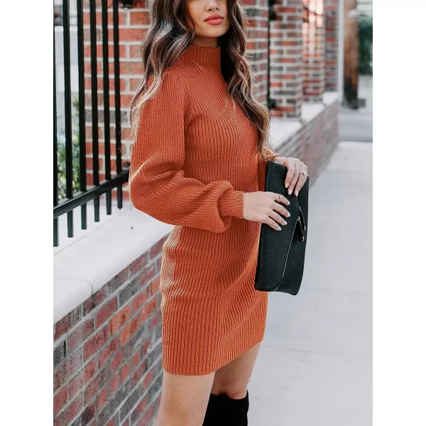 imageANRABESS Women Turtleneck Long Sleeve Knit Stretchable Elasticity Slim Sweater Bodycon Mini Sweater DressRust Orange