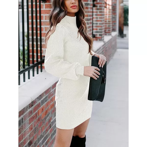 imageANRABESS Women Turtleneck Long Sleeve Knit Stretchable Elasticity Slim Sweater Bodycon Mini Sweater DressWhite