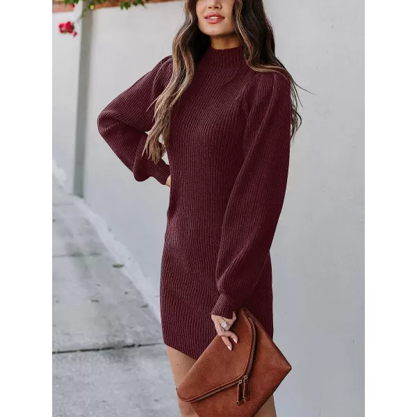 imageANRABESS Women Turtleneck Long Sleeve Knit Stretchable Elasticity Slim Sweater Bodycon Mini Sweater DressWine Red