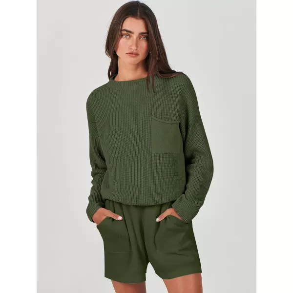 imageANRABESS Women Two Piece Outfits Sweater Sets Knit Pullover Long Sleeves Tops and Shorts Sweatsuit Lounge Set TracksuitArmy Green