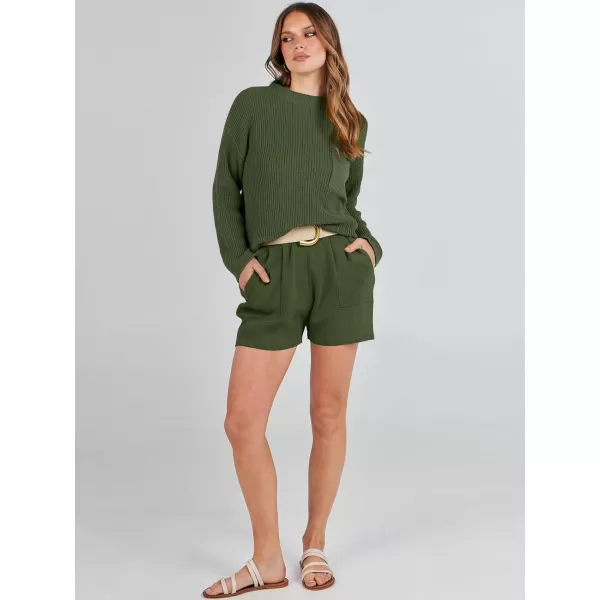 imageANRABESS Women Two Piece Outfits Sweater Sets Knit Pullover Long Sleeves Tops and Shorts Sweatsuit Lounge Set TracksuitArmy Green