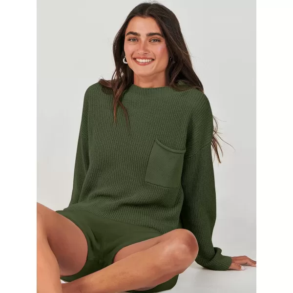 imageANRABESS Women Two Piece Outfits Sweater Sets Knit Pullover Long Sleeves Tops and Shorts Sweatsuit Lounge Set TracksuitArmy Green