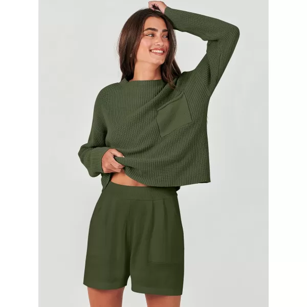 imageANRABESS Women Two Piece Outfits Sweater Sets Knit Pullover Long Sleeves Tops and Shorts Sweatsuit Lounge Set TracksuitArmy Green