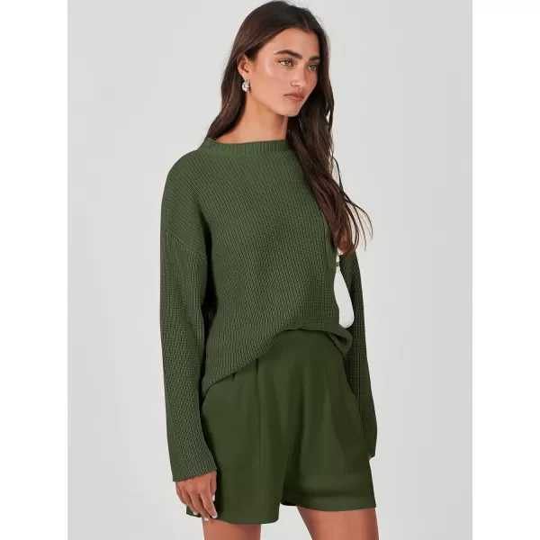 imageANRABESS Women Two Piece Outfits Sweater Sets Knit Pullover Long Sleeves Tops and Shorts Sweatsuit Lounge Set TracksuitArmy Green