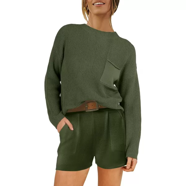 imageANRABESS Women Two Piece Outfits Sweater Sets Knit Pullover Long Sleeves Tops and Shorts Sweatsuit Lounge Set TracksuitArmy Green