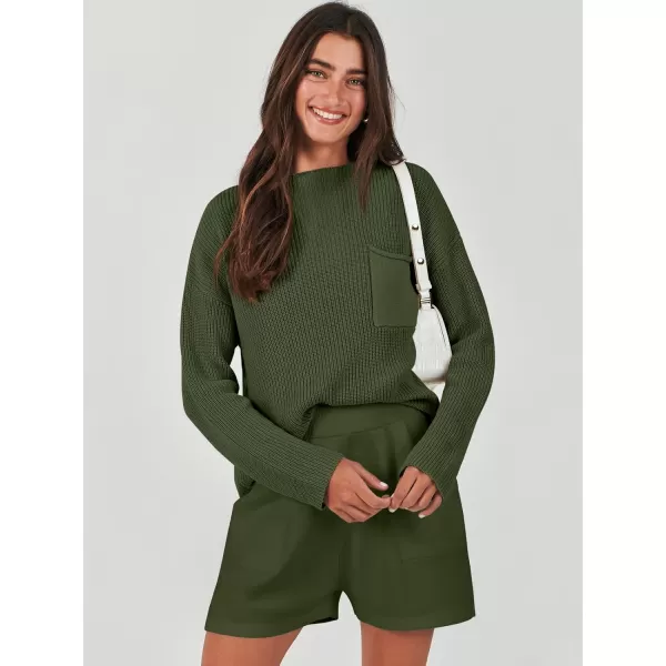 imageANRABESS Women Two Piece Outfits Sweater Sets Knit Pullover Long Sleeves Tops and Shorts Sweatsuit Lounge Set TracksuitArmy Green