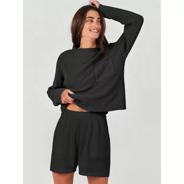 imageANRABESS Women Two Piece Outfits Sweater Sets Knit Pullover Long Sleeves Tops and Shorts Sweatsuit Lounge Set TracksuitBlack