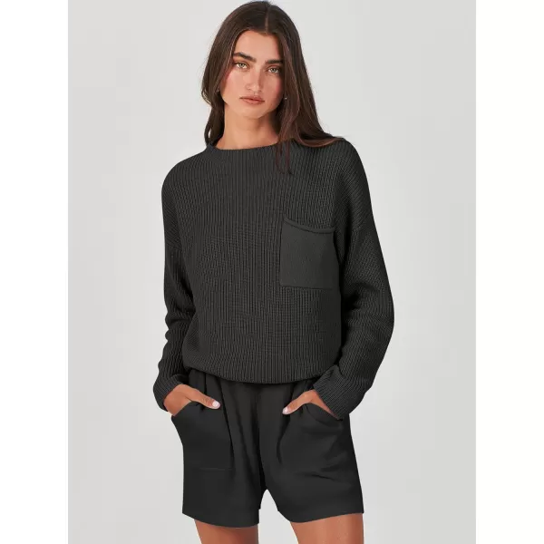 imageANRABESS Women Two Piece Outfits Sweater Sets Knit Pullover Long Sleeves Tops and Shorts Sweatsuit Lounge Set TracksuitBlack