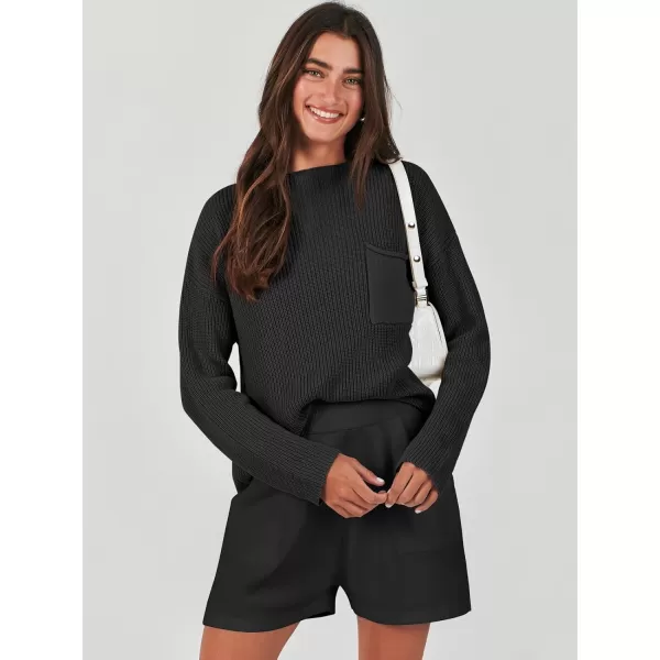 imageANRABESS Women Two Piece Outfits Sweater Sets Knit Pullover Long Sleeves Tops and Shorts Sweatsuit Lounge Set TracksuitBlack