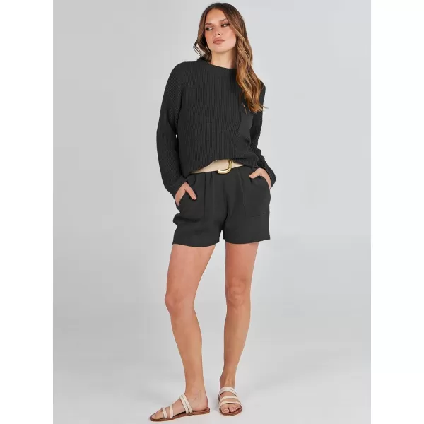 imageANRABESS Women Two Piece Outfits Sweater Sets Knit Pullover Long Sleeves Tops and Shorts Sweatsuit Lounge Set TracksuitBlack