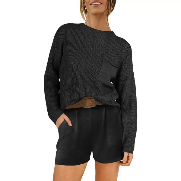imageANRABESS Women Two Piece Outfits Sweater Sets Knit Pullover Long Sleeves Tops and Shorts Sweatsuit Lounge Set TracksuitBlack