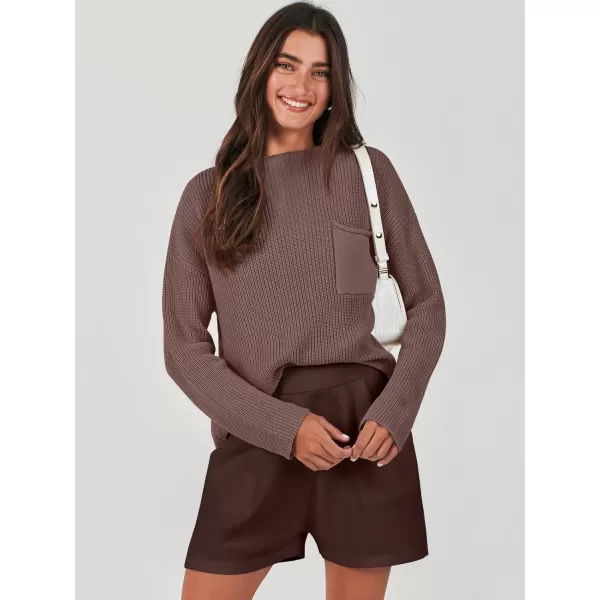 imageANRABESS Women Two Piece Outfits Sweater Sets Knit Pullover Long Sleeves Tops and Shorts Sweatsuit Lounge Set TracksuitCoffee