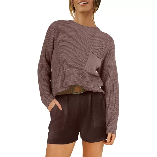 imageANRABESS Women Two Piece Outfits Sweater Sets Knit Pullover Long Sleeves Tops and Shorts Sweatsuit Lounge Set TracksuitCoffee