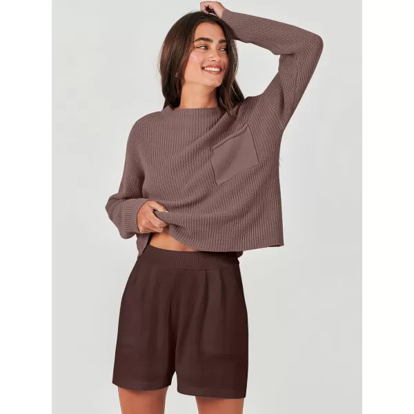 imageANRABESS Women Two Piece Outfits Sweater Sets Knit Pullover Long Sleeves Tops and Shorts Sweatsuit Lounge Set TracksuitCoffee