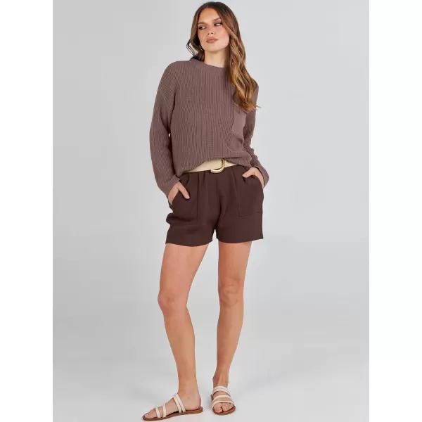 imageANRABESS Women Two Piece Outfits Sweater Sets Knit Pullover Long Sleeves Tops and Shorts Sweatsuit Lounge Set TracksuitCoffee